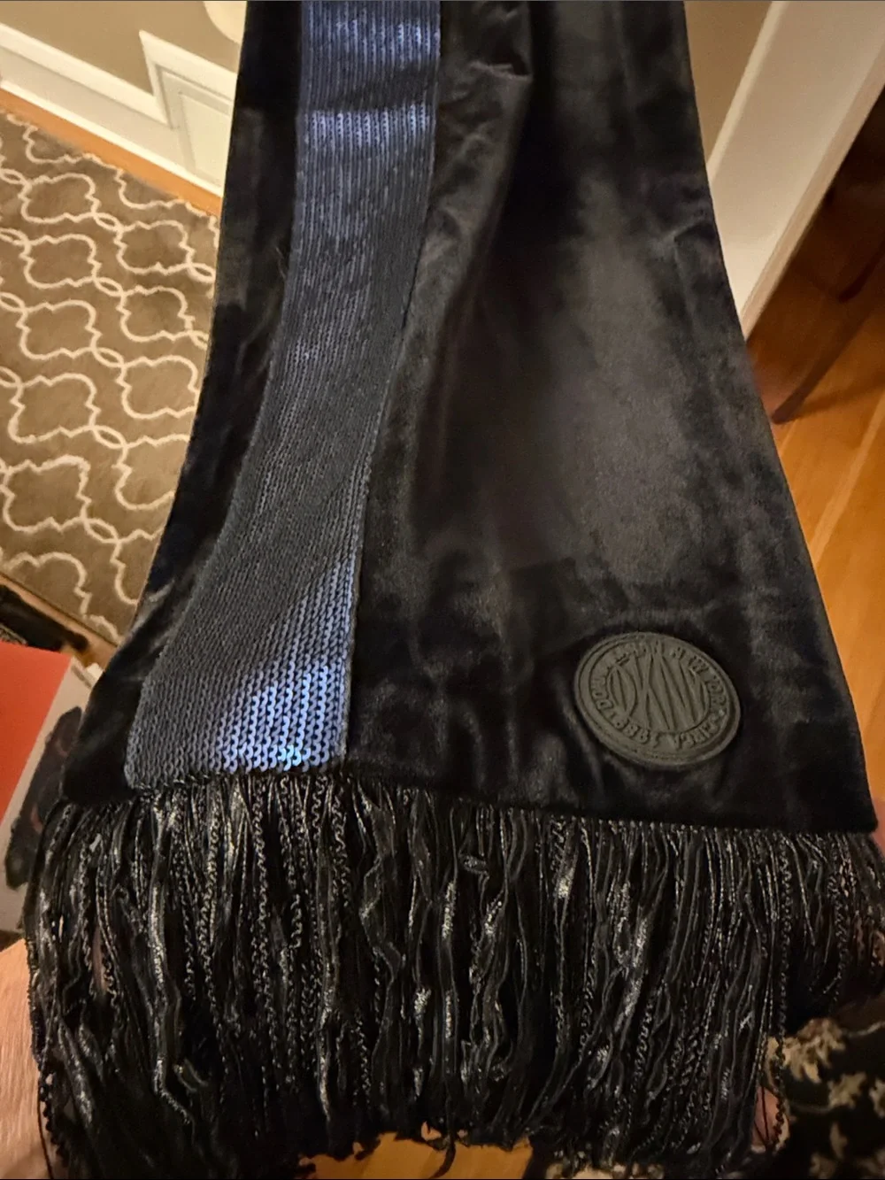 DKNY Black and Blue sequin wide stripe throughout Velvet Scarf like new